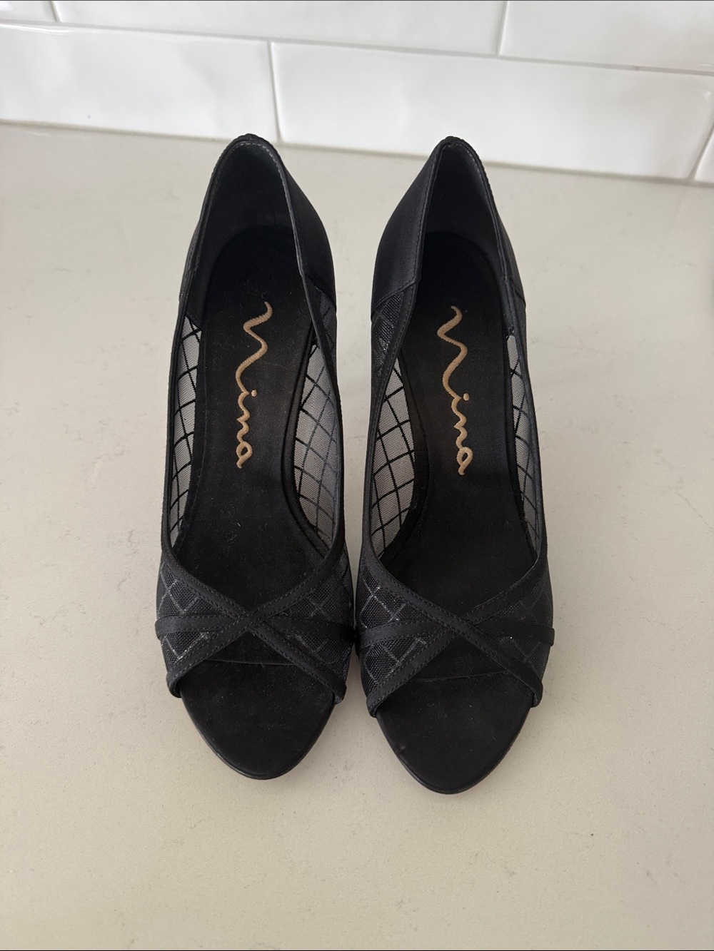 Nina Black Peep-Toe Heels with Mesh Insets